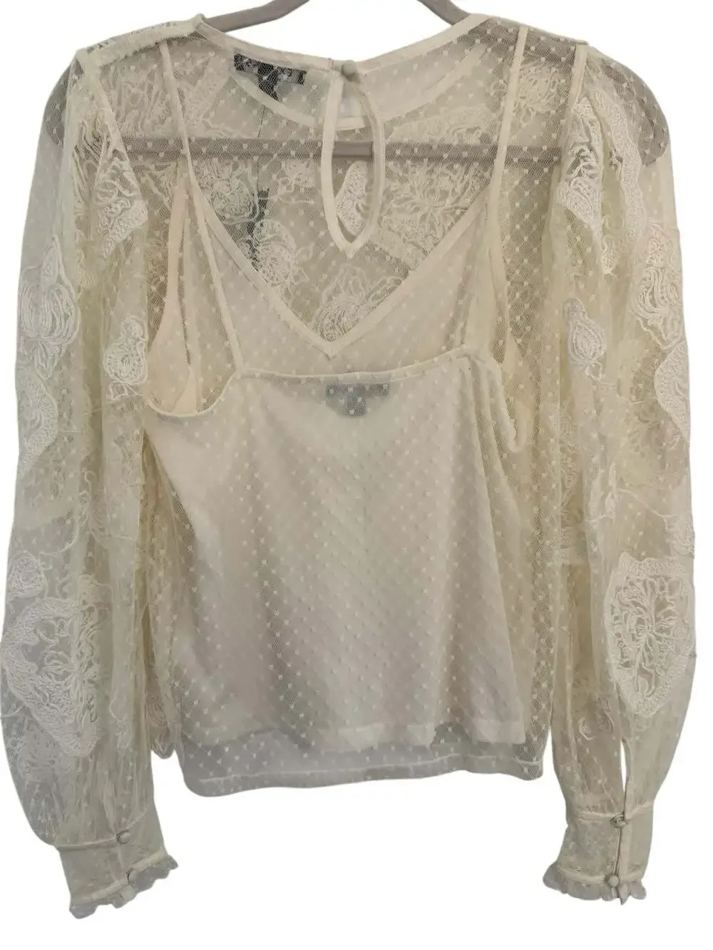 NWT Express Embroidered Floral Lace with Swiss Dot Sleeves and Cami Insert - Picture 7 of 9